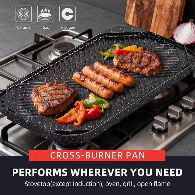 Caannasweis Nonstick Griddle Grill Pan, 19.5" x 11" Reversible Griddle Pan for Stove Top, Grill, or Campfire, Two Burner Cast Aluminum Grill, Rectangular Baking Flat and Ribbed Griddle Plate