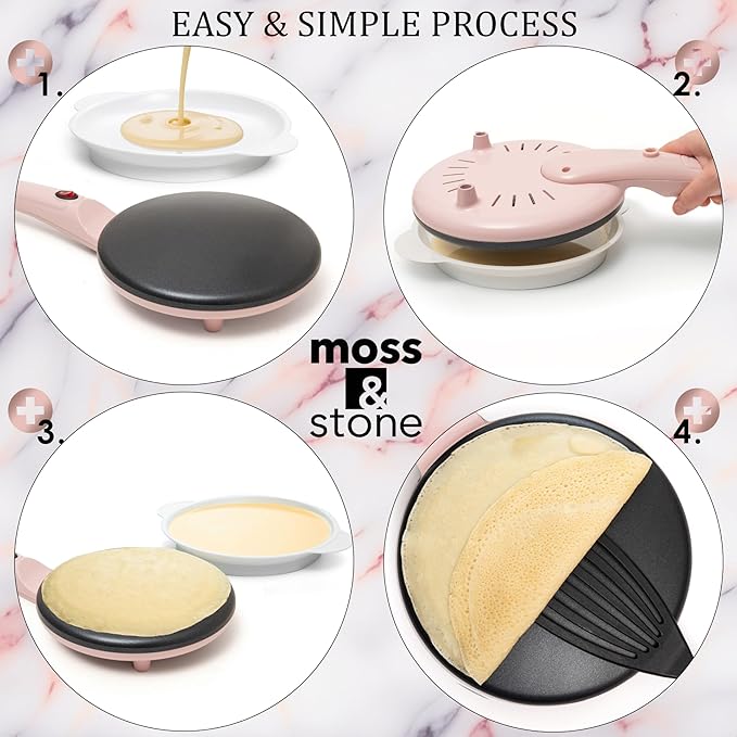 Moss & Stone Pink Electric Crepe Maker 8 Inch, Portable Crepe Maker & Hot Plate Cooktop On/Off Switch, Nonstick Coating, Automatic Temperature Control, Easy To Use For Pancakes, Blintz