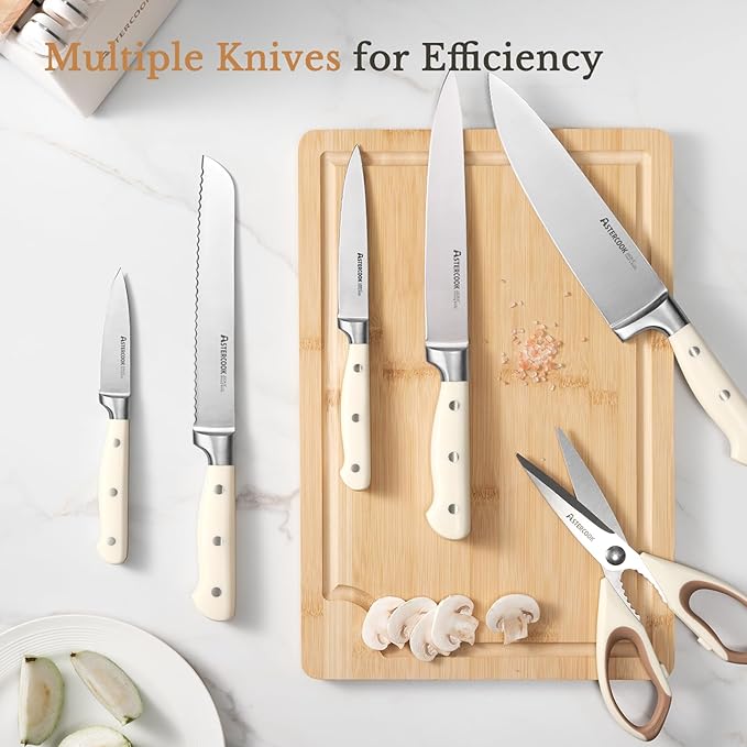 Knife Set,Astercook Kitchen Knife Set with Block 22-Piece Full Tang Stainless Steel Knives with Sharpener Dishwasher Safe and Anti-Slip Ergonomic Handle Elegant Cream White Utensils Set