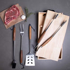 Schmidt Brothers - BBQ Bonded Teak 4 Piece Grilling Accessory Set, Full-Forged Stainless Steel Grilling Utensils Including Spatula, Fork, Basting Brush, and Tongs with All Wood Handles