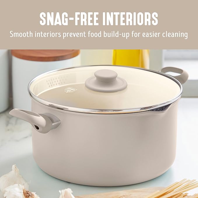 GreenLife 6QT Ceramic Nonstick Stockpot with Glass Straining Lid, PFAS-Free, Dishwasher Safe, Stay-Cool Handles, Oven Safe to 350°F, Wobble-Free Base, Even Heating, Taupe