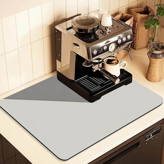 Coffee Mat for Countertops ,Coffee Bar Accessories Fit Under Coffee Maker Espresso Machine, Absorbent Hide Stain Rubber Mat for Countertop ,Dish Drying Mat for Kitchen Counter (Light Gray, 16"x24")
