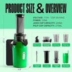 Ventray Ginnie Mini Cold Press Juicer, Small Slow Masticating Juicer for Vegetables Fruits, High Juice Yield, Easy to Clean, Space-Saving, Fit for Personal/Travel/Picnic/Office - Green