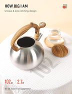 BELANKO 2.7 Quart Tea Kettle for Stovetops - Food Grade Stainless Steel Teapot with Loud Whistle, Cool-Touch Wood Pattern Handle, Rust-Resistant Whistling Kettle - Classic Silver
