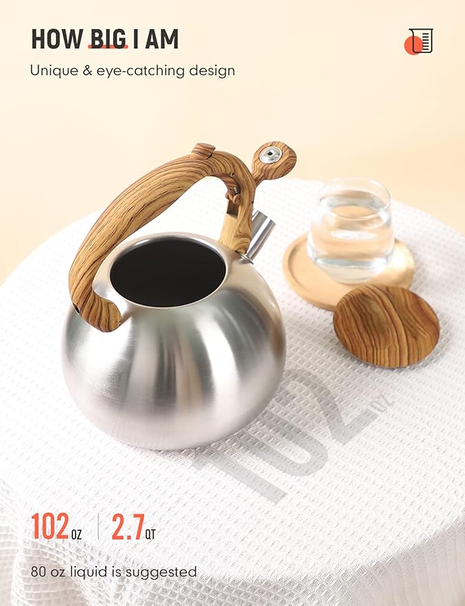 BELANKO 2.7 Quart Tea Kettle for Stovetops - Food Grade Stainless Steel Teapot with Loud Whistle, Cool-Touch Wood Pattern Handle, Rust-Resistant Whistling Kettle - Classic Silver