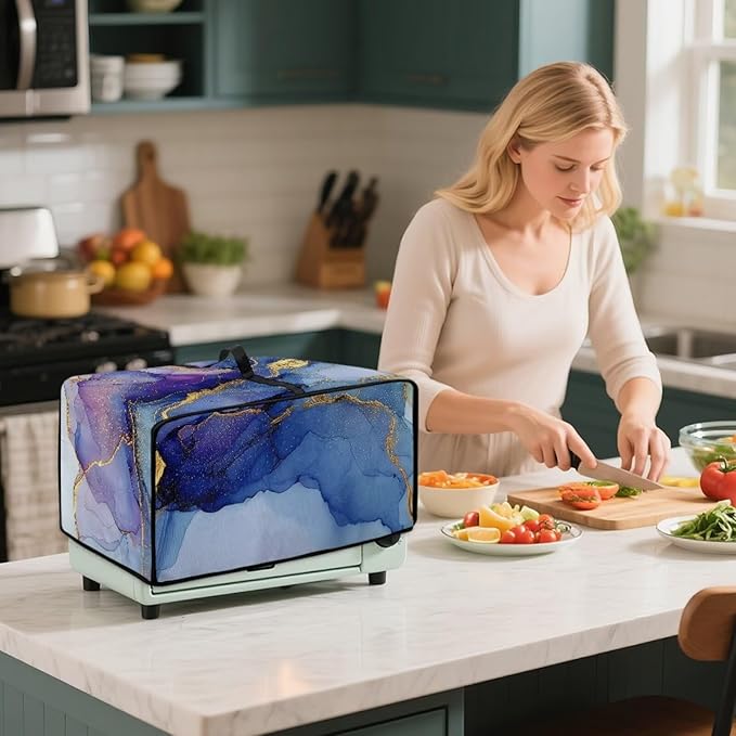 Marble Print Toaster Oven Dust Cover, Heavy Duty Heat-Resistant Cover for Kitchen Counter Small Appliances, with Accessory Pockets, Blue Violet Gold, (Small-14.5*18.46*9 inches)