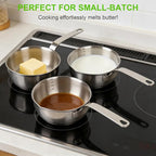 18/10 Stainless Steel Butter Warmer with Silicone Scraper – 13.5 fl oz (400 ml) Mini Saucepan with Pour Spouts, Milk/Coffee/Chocolate Melter, Compatible with Induction & Gas Stoves
