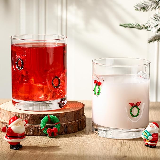 Skylety 2 Pcs Christmas Icon Juice Glasses Xmas Drinking Cups Old Fashioned Stemless Wine Glasses 13.5 oz Whiskey Cocktail Coffee Mugs for Christmas Party Gift Decor