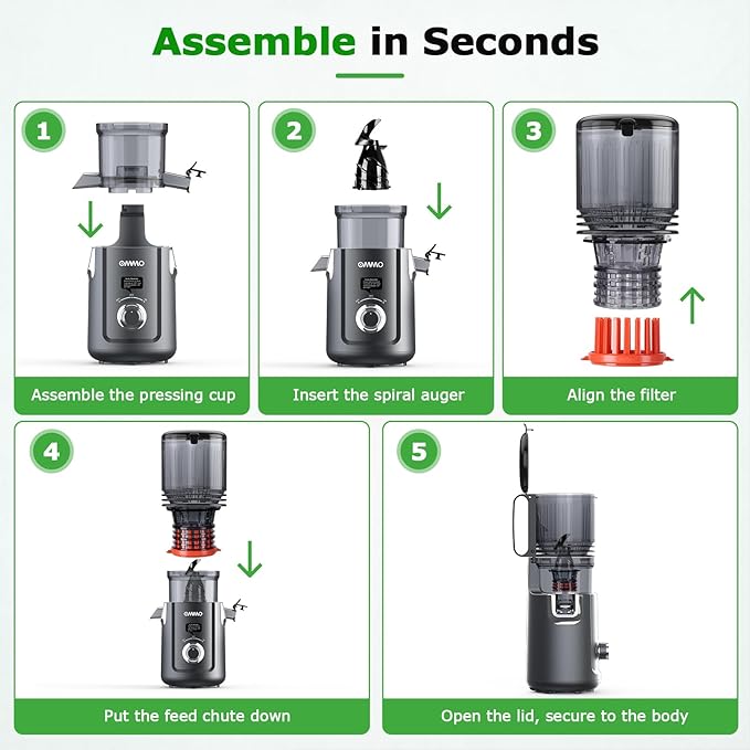 OMMO Cold Press Juicer Machines: 5.1" Wide Feed Chute Slow Masticating Juicer for Whole Fruits & Vegetables, Easy to Clean, High Juice Yield, BPA Free, Grey