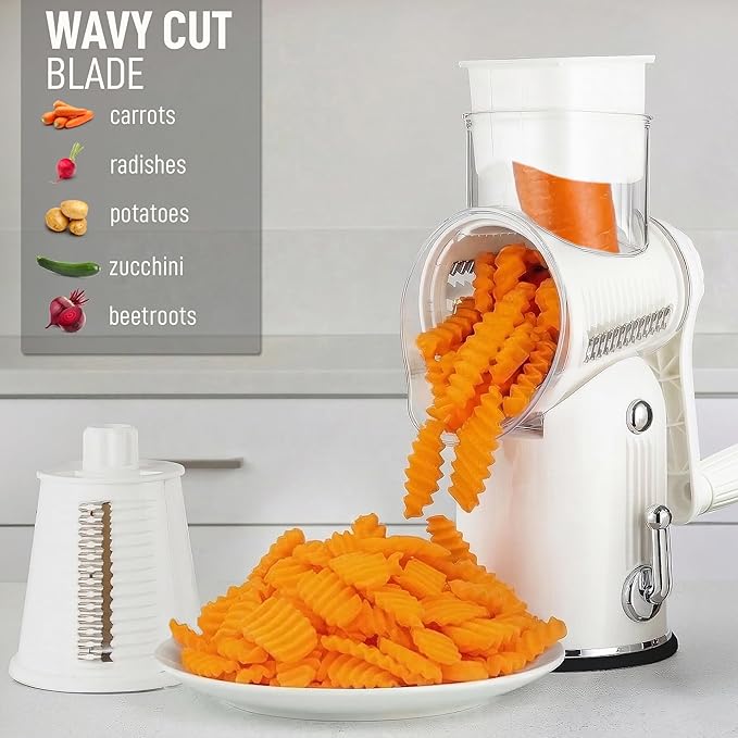 Zulay Kitchen Rotary Cheese Grater 5 Blade Cheese Shredder - Manual Hand Crank Cheese Grater With Reinforced Suction & 5 Interchangeable Drums - Easy to Use, Vegetable Chopper Round Mandoline Slicer