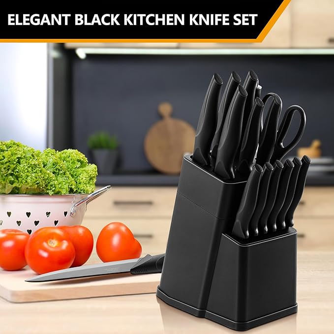 E-far Knife Set with Block, 15 Pieces Kitchen Knife Block Set with Sharpener, High Carbon Stainless Steel Sharp Chef Knife Set with Ergonomic Handles, Anti Rust, Black
