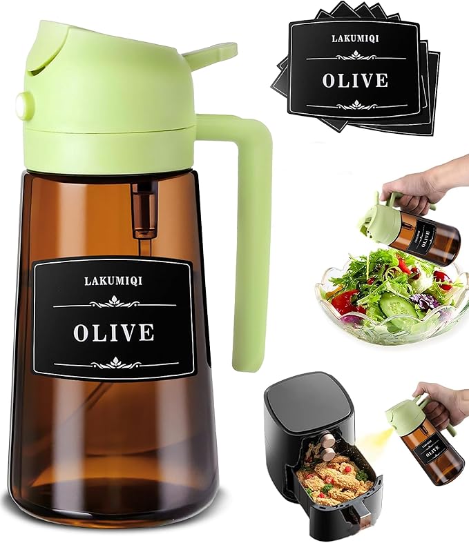 LAKUMIQI 2 in 1 Oil Sprayer for Cooking, 16oz Olive Oil Dispenser Bottle for Kitchen, Food Grade Light-Blocking Leak Proof Glass Spray Bottle for Salad, Air Fryer, BBQ