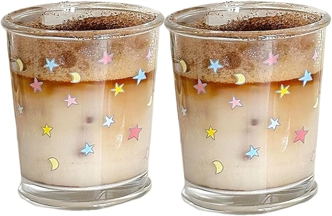 Set of 2 12 OZ Cute Drinking Glasses Star Moon Glass Coffee Cup Colorful Glass Cups for Iced Tea,Juice,Coffee,Milk,Dessert,Stackable Glassware Drinkware Set (colorful)