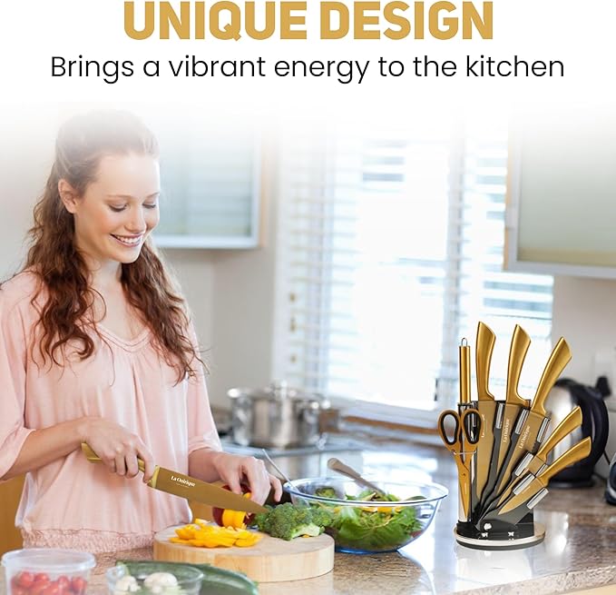 Luxury Silver & Gold Kitchen Knife Set with Block & Rod Sharpener – 8-Piece Titanium-Coated Stainless Steel Knives Set, Super Sharp Cutlery Tools, Stylish Knives Set for Kitchen