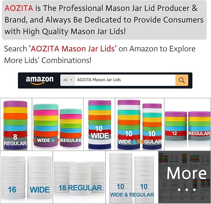 AOZITA 10 WIDE Mouth & 10 REGULAR Mouth Mason Jar Lids - 20 Pack Food Grade Plastic Mason Jar Caps for Ball, Kerr and More Canning Jars - Leakproof & Dishwasher Safe - Multicolor