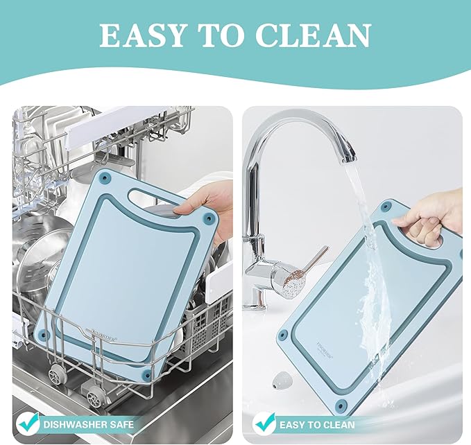 Finorder Set of 3 Sizes Cutting Board, Blue Double Side Non Slip Cutting Boards with Easy Grip Handle and Juice Grooves, BPA-Free Dishwasher Safe Reversible Chopping Board for Veggies Chopping Meat