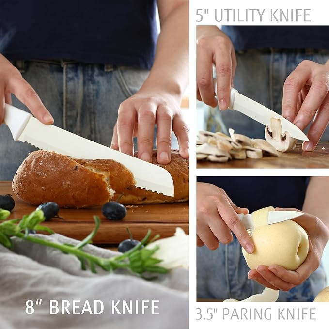 hecef 15 Pieces Kitchen Knife Set with Built-in Sharpening Wooden Block, Dishwasher Safe, High Carbon Stainless Steel Knife Block Set with Steak Knives, Kitchen Scissors, Cream White