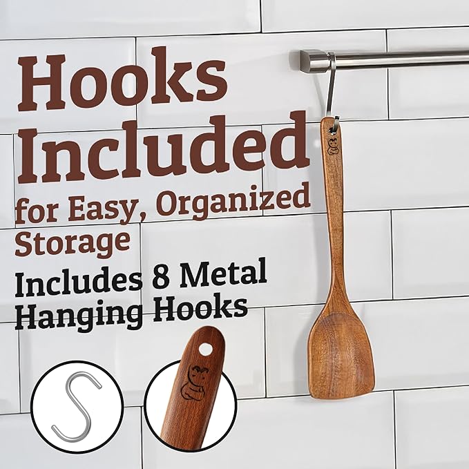 PriorityChef Wooden Spoons for Cooking, Premium 8pc Teak Wood Utensil Set with Hanging Hooks, Utensil Holder and Spoon Rest