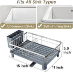 SNTD Dish Drying Rack - Small Dish Rack for Kitchen Counter, Stainless Steel Dish Drainer with Utensil Holder and Drainboard, 11" W x 15" L (Silver)