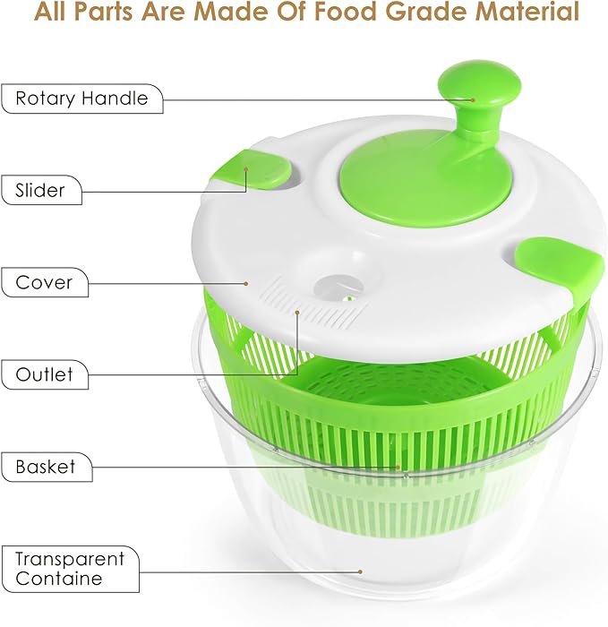Large 5 Qt Salad Spinner - Lettuce Spinner, Fruit Washer & Vegetable Dryer with Colander & Drain Bowl, Wash Quick and Easy Green Salads, BPA Free
