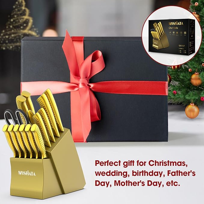 MOSFiATA Kitchen Knife Set, 17 Pcs Japanese Stainless Steel Knife Sets for Kitchen with Block with Knife Sharpening Rod, Dishwasher Safe, Gift Set,Titanium Plated Knife Block Set