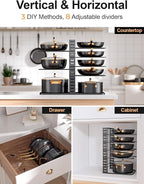 MUDEELA Pots and Pans Organizer Rack under Cabinet 14.55in Height, 8-Tiers Adjustable Pot Rack with 3 DIY Methods, Pot Lid Organizer inside Cabinet for Kitchen Pantry Organization and Storage