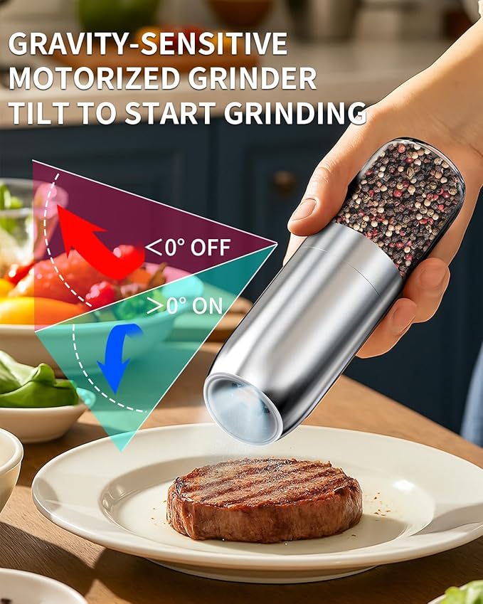 CIRCLE JOY Gravity Electric Salt and Pepper Grinder Set, Battery Powered Automatic Pepper Mills with Adjustable Coarseness, One Hand Operation, 176ml Large Container, Silver - Includes 8 Batteries
