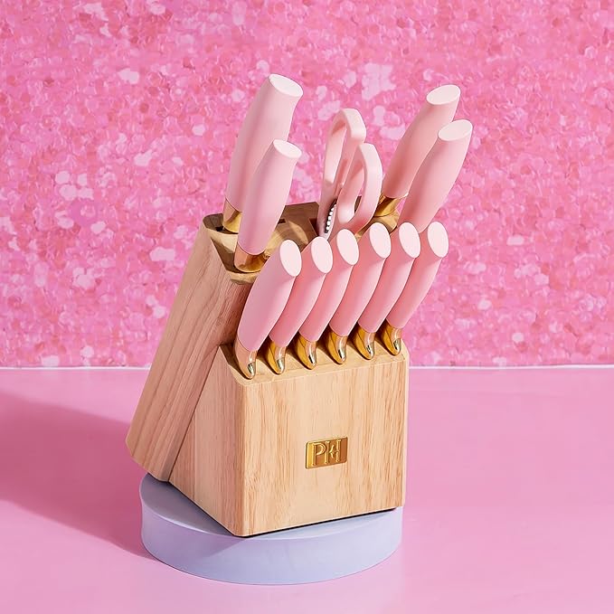 Paris Hilton 12-Piece Knife Set with Block, High-Carbon Stainless Steel Cutlery, Precision Blades and Ergonomic Handles, Pink