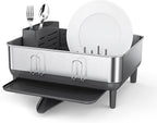 simplehuman Compact Dish Drying Rack with Stainless Steel Frame, 360º Easy Drain Swivel Spout, Utensil Holder, Anti-Residue Coating, Moisture Control Surface, Grey