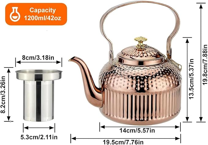 SANQIAHOME Antique 1.4L (45 Oz) Stainless Steel Teapot with Infuser Copper