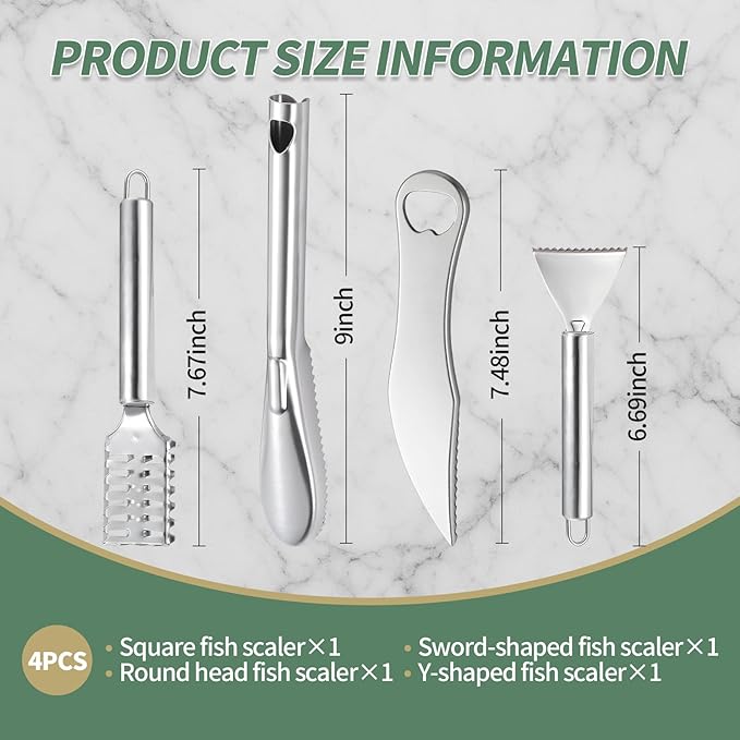 4 PCS Fish Scaler, Stainless Steel Fish Scale Remover, Fish Descaler Tool with Serrated Blade Design, Ideal for Home, Kitchen, Seafood Markets, and Professional Use