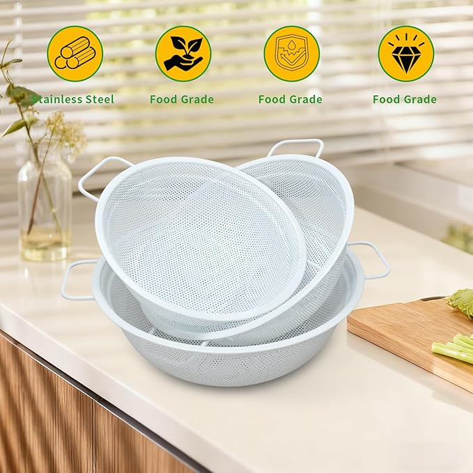 Colander Set with White Coating, Stainless Steel Micro-Perforated Colanders Strainers for Draining Rinsing Washing, Ideal for Vegetables Fruits, Heavy Duty & Dishwasher Safe