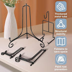 6 Pcs 3 Size Black Plate Stands for Display, 4 6 8 Inch Holder & Cup and Saucer Display Stand for Picture Frames, Book, Card, Mug Organizer, Bowl, Decorative Plates, Tablet, Art
