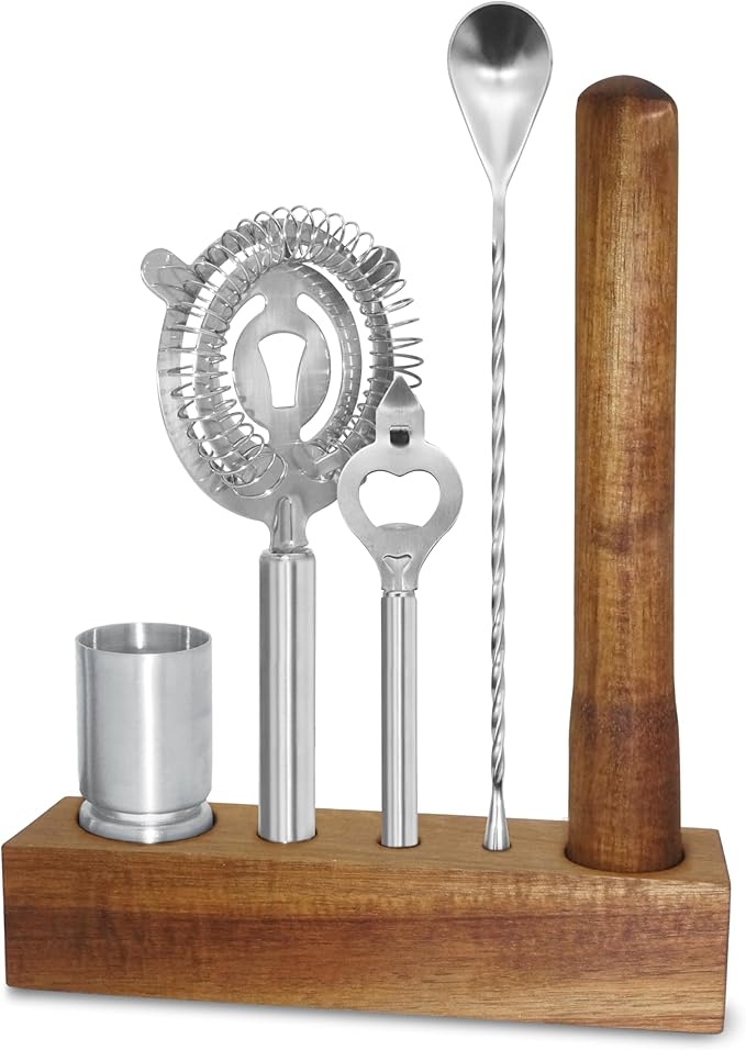 OGGI 6-Piece Slim Bartender Kit - Ideal Bar Cart Accessories, Great Decor and Accessories for the Home Bar, Bartending Kit - Acacia Base & Muddler, Stainless Stirrer, Opener, Jigger, Cocktail Strainer