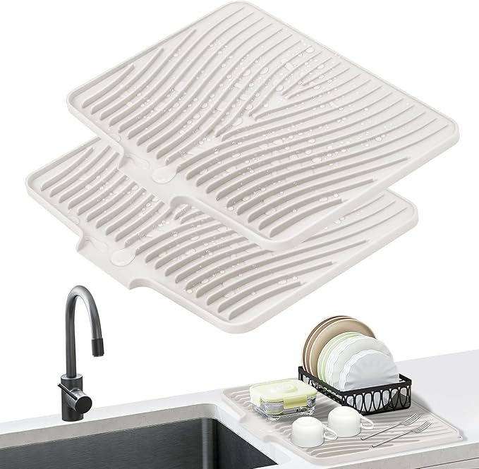 TIKNIK Silicone Dish Drying Mat, Stone Drying Mat for Kitchen Counter with Built-In Drain, Non-Slip Drain Pad with Built-in Drain, Heat Resistant Stone Drying Mat, Hangable, Cream-2pcs, 20" x 15"