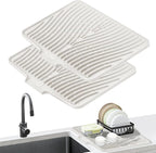 TIKNIK Silicone Dish Drying Mat, Stone Drying Mat for Kitchen Counter with Built-In Drain, Non-Slip Drain Pad with Built-in Drain, Heat Resistant Stone Drying Mat, Hangable, Cream-2pcs, 20" x 15"