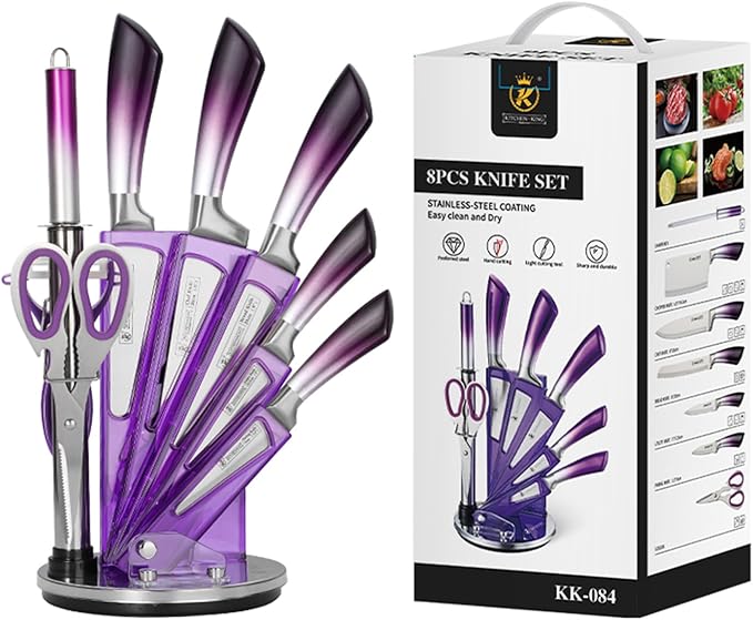 Purple Professional 9-Piece Kitchen Knife Set with Acrylic Block - Non Stick Sharp Stainless Steel Chef Knives with Sharpener,Gift for Home Kitchen Women