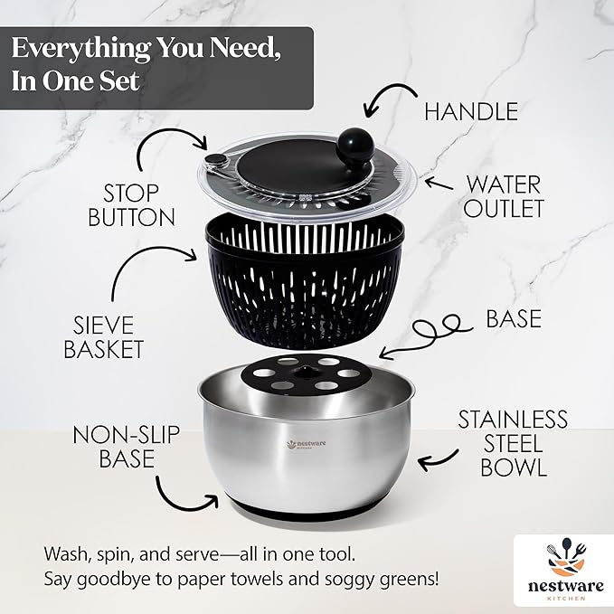 Stainless Steel Salad Spinner, Lettuce, Vegetable & Fruit Dryer, 5L Capacity, Non-Slip Base (304 Stainless Steel - Black)
