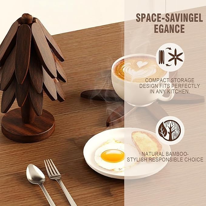 Bamboo Trivets for Hot Dishes, Tree Shape Trivet Set, 5 Bamboo + 1 Stand stored Like a Tree,Foldable Kitchen Wooden Trivet, for Hot Pot Holders for Pots, Bowls and Teapot
