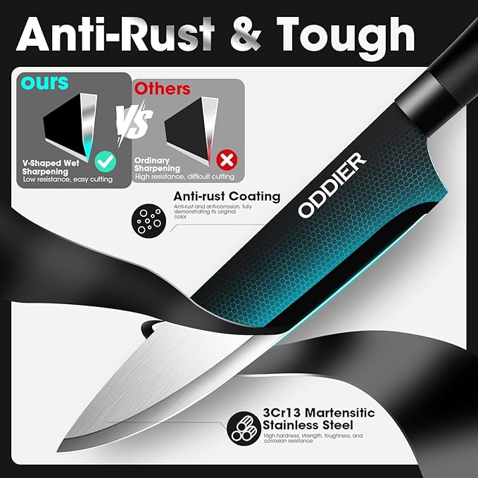 Kitchen Knife Ket with block, Knife Block Set, Anti-Rust High Carbon German Stainless Steel Knife Set, 7 Piece Chef Knife Set, New Home Apartment Essentials, Dishwasher Safe, Black