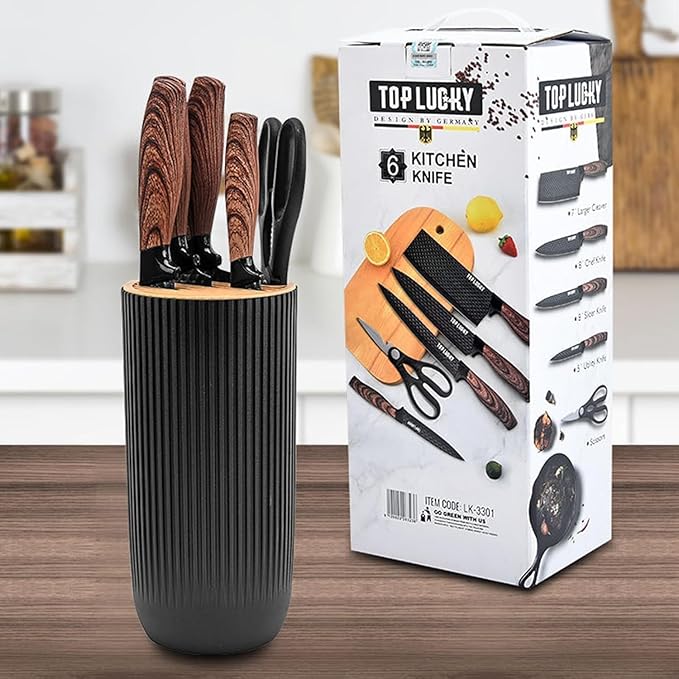 Black Knife Set, 6 Pieces Professional Kitchen Knife Set with Universal Knife Block, Super Sharp Knife Block Set with Ergonomic Handle Non-stick Stainless Steel Knife Block Set (Black)