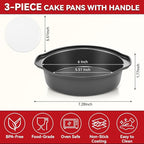 6 Inch Cake Pans - 3PCS Carbon Steel Cake Pan with 200 Parchment Papers, Round Cake Pans with Handle, Nonstick & Non-Toxic, Easy Demolding & Dishwasher Safe
