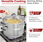 SUNHOUSE - 5.5 Quart Steamer Pots With Lid 2-Tier Multipurpose Stainless Steel Steaming Pot Cookware With Handle For Vegetable, Dumpling, Sauce, Food - Triple Bottom, Measurement Line