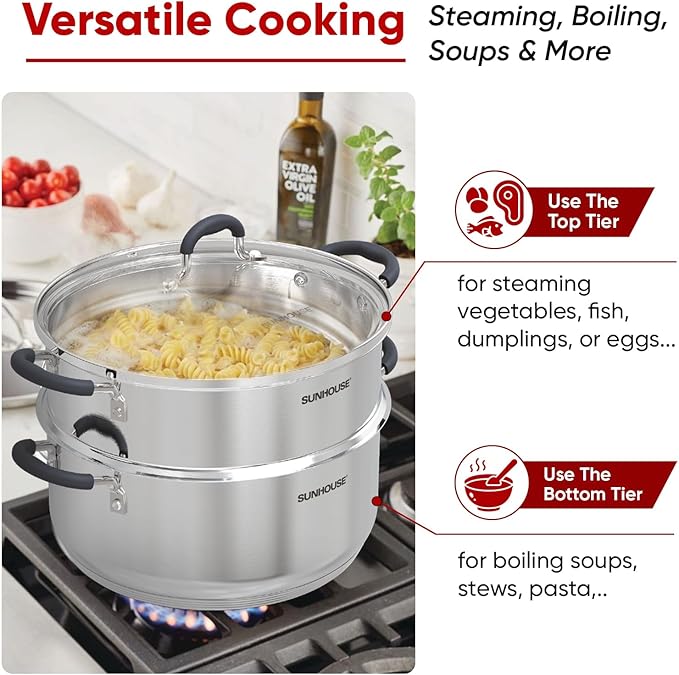 SUNHOUSE - 5.5 Quart Steamer Pots With Lid 2-Tier Multipurpose Stainless Steel Steaming Pot Cookware With Handle For Vegetable, Dumpling, Sauce, Food - Triple Bottom, Measurement Line