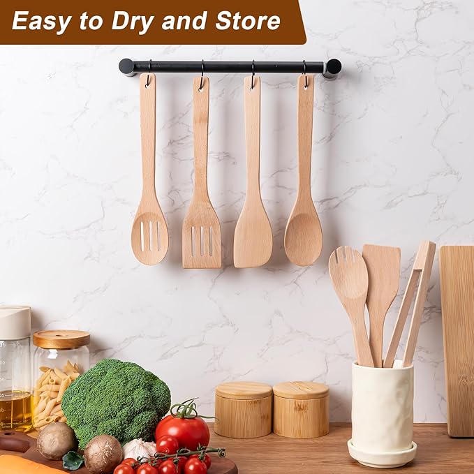 Eisinly Wooden Spoons for Cooking 7-Piece, Kitchen Nonstick Wood Cooking Utensils Set, Durability Wooden Spatula Spoon for Everyday Use, Light Yellow
