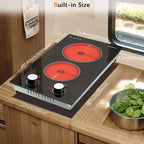 Karinear 110V Electric Cooktop 2 Burners Electric Stove 12 Inch Knob Control Countertop & Built-in Ceramic Cooktop, 9 Heating Level, Hot Warning, Over-Temperature Protection(White Knob)