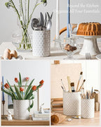 LE TAUCI Utensil Holder for Kitchen Counter - 7.1"+5.4" Ceramic Kitchen Utensil Holder Set of 2, Large Cooking Utensil Crock & Organizer for Spatula, Spoon - Embossed Kitchen Decor, White,Clover