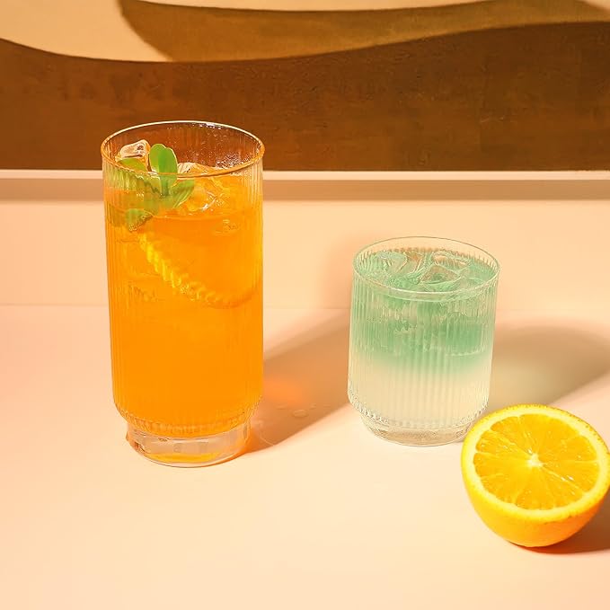 Set of 8 Ribbed Glass Cups with Crystal Base,4 Highball Glasses 18oz & 4 Rocks Drinking Glasses 9oz, Art Deco, for Water, Iced coffee, Cocktail, Juice, Whiskey, Wine, Gift
