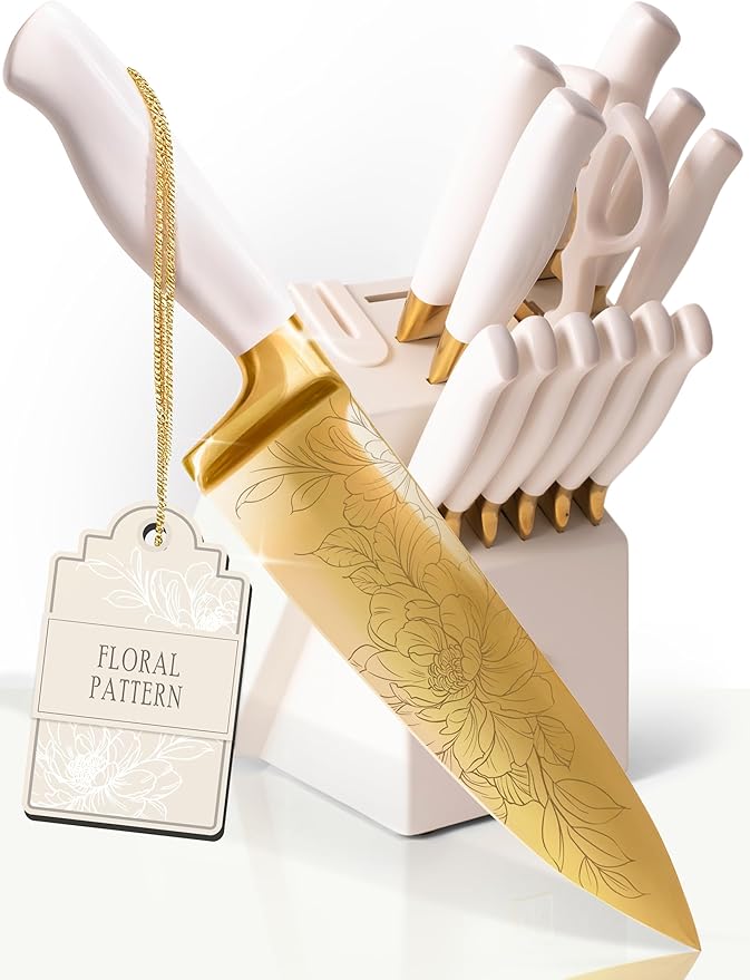 STYLED SETTINGS Knife Set with Built-in Sharpener – 14 PC Golden Titanium-Coated Stainless Steel Blades with Elegant Floral Pattern, Ultra-Sharp, Durable Kitchen Knife Block Set