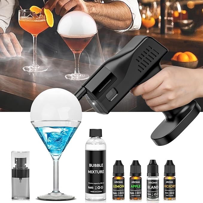 Cocktail Bubble Smoke Gun, One Key Operation, Handheld, with 1.4 Inch Color Screen, for Bartenders, Bar, Party, Wine, Drinks, Coffee
